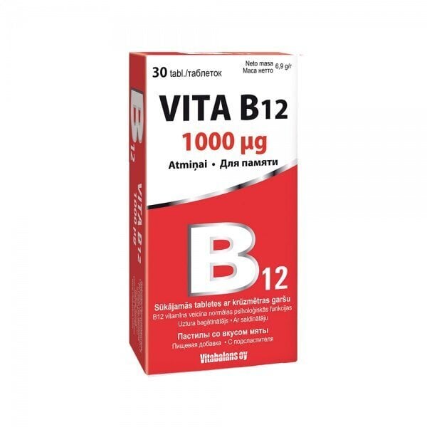 Uztura bagātinātājs, Vita B12 1000mcg tab. N30 cena un informācija | Vitamīni, preparāti, uztura bagātinātāji labsajūtai | 220.lv