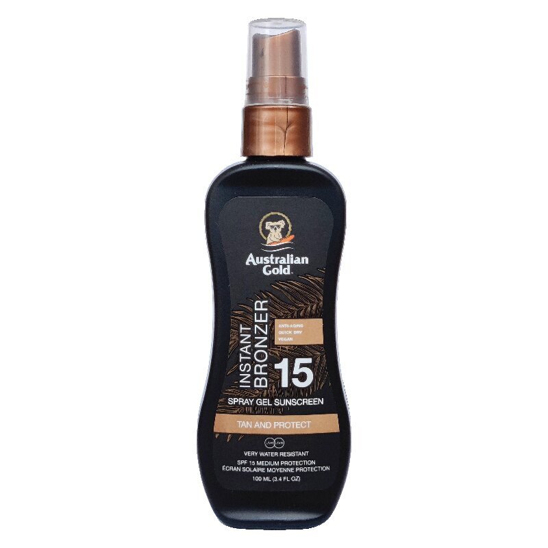 Australian Gold SPF15 izsmidzināms gels aizsardzībai saulē ar bronzeri 100ml cena un informācija | Sauļošanās krēmi | 220.lv