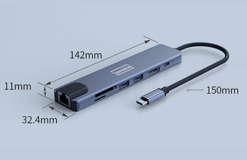 ADAPTERA HUB 8in1 USB-C DisplayPort 8K 4K 144Hz RJ45 SD Zenwire cena un informācija | Adapteri un USB centrmezgli | 220.lv