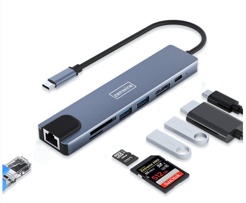 ADAPTERA HUB 8in1 USB-C DisplayPort 8K 4K 144Hz RJ45 SD Zenwire cena un informācija | Adapteri un USB centrmezgli | 220.lv