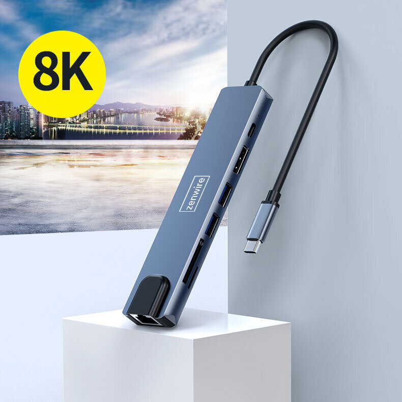 ADAPTERA HUB 8in1 USB-C DisplayPort 8K 4K 144Hz RJ45 SD Zenwire цена и информация | Adapteri un USB centrmezgli | 220.lv