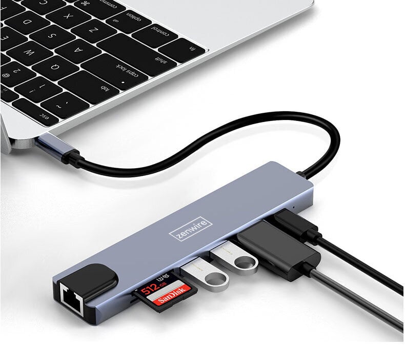 ADAPTERA HUB 8in1 USB-C DisplayPort 8K 4K 144Hz RJ45 SD Zenwire цена и информация | Adapteri un USB centrmezgli | 220.lv