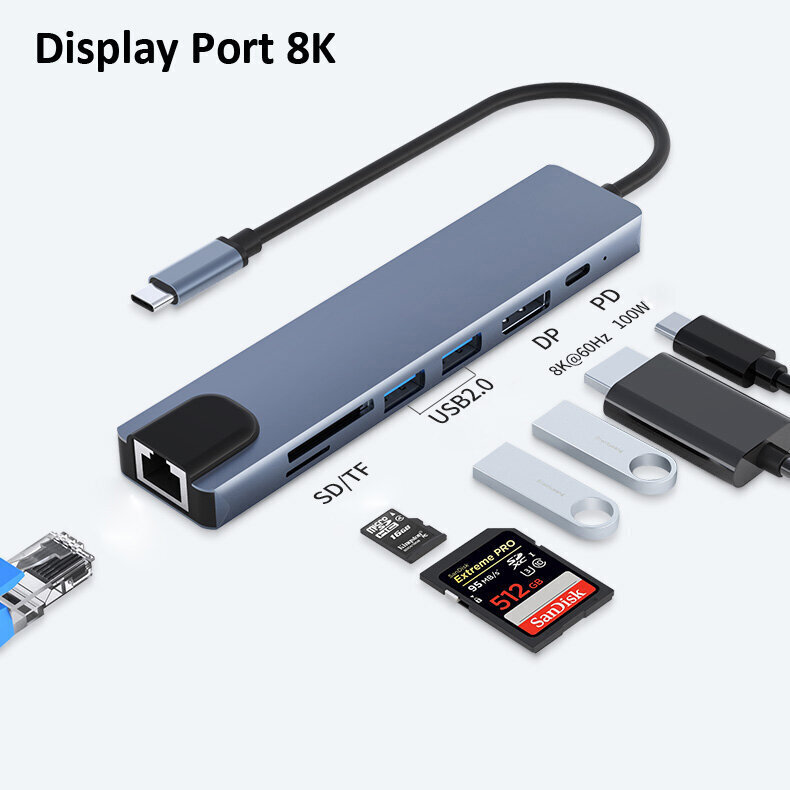 ADAPTERA HUB 8in1 USB-C DisplayPort 8K 4K 144Hz RJ45 SD Zenwire cena un informācija | Adapteri un USB centrmezgli | 220.lv