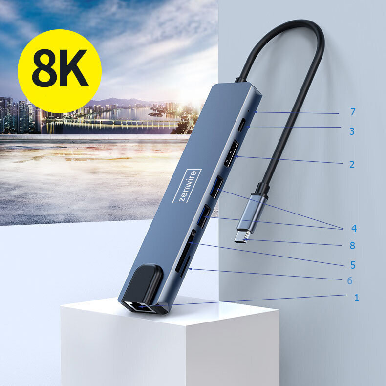 ADAPTERA HUB 8in1 USB-C DisplayPort 8K 4K 144Hz RJ45 SD Zenwire цена и информация | Adapteri un USB centrmezgli | 220.lv