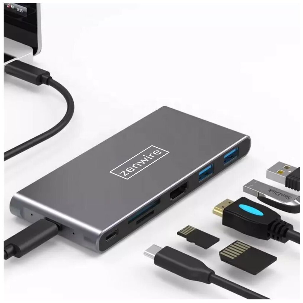 ADAPTER HUB USB-C SSD korpuss M2 8in1 HDMI 4K SD USB 3.0 PD M.2 Zenwire цена и информация | Adapteri un USB centrmezgli | 220.lv