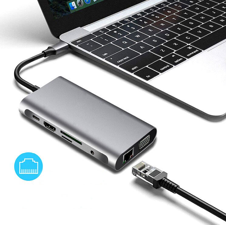HUB USB-C 11in1 HDMI adapteris 4K VGA ligzda SD USB 3.0 Gigabit Ethernet RJ45 Macbook Pro Air M1 Zenwire цена и информация | Adapteri un USB centrmezgli | 220.lv