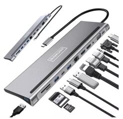 DOKSTACIJAS centrmezgls USB-C 12in1 RJ45 2x HDMI 4K M1 цена и информация | Адаптеры и USB разветвители | 220.lv