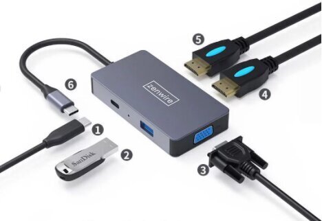 ADAPTERA centrmezgls 5W1 USB-C 2x HDMI 4K VGA USB 3.0 PD ZW Macbook Pro M1 cena un informācija | Adapteri un USB centrmezgli | 220.lv