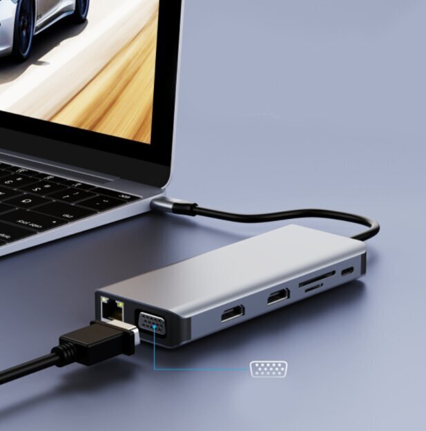 ADAPTERU centrmezgls 12in1 USB-C 2x HDMI VGA USB ligzda SD LAN cena un informācija | Adapteri un USB centrmezgli | 220.lv