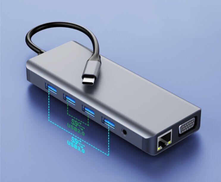 ADAPTERU centrmezgls 12in1 USB-C 2x HDMI VGA USB ligzda SD LAN cena un informācija | Adapteri un USB centrmezgli | 220.lv