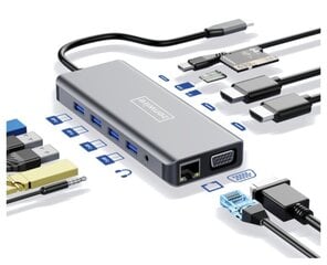 ADAPTERU centrmezgls 12in1 USB-C 2x HDMI VGA USB ligzda SD LAN cena un informācija | Adapteri un USB centrmezgli | 220.lv