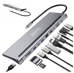 DOKSTACIJAS centrmezgls USB-C 11in1 VGA RJ45 HDMI 4K M1 cena un informācija | Adapteri un USB centrmezgli | 220.lv