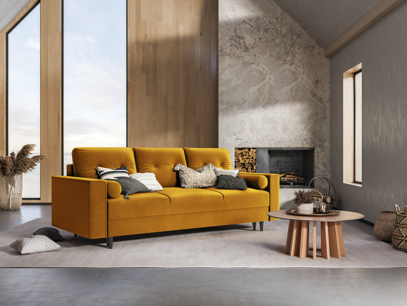Trīsvietīgs velūra dīvāns Micadoni Home Leona, dzeltens/melns cena un informācija | Dīvāni | 220.lv