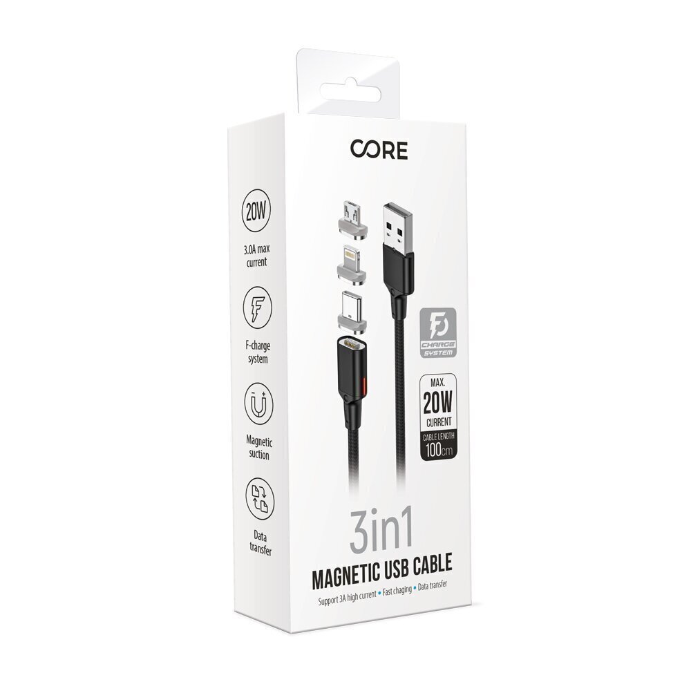 Forever Core 3in1 magnētiskais kabelis USB - Lightning + USB-C + microUSB 1,0 m, melns 20W cena un informācija | Savienotājkabeļi | 220.lv