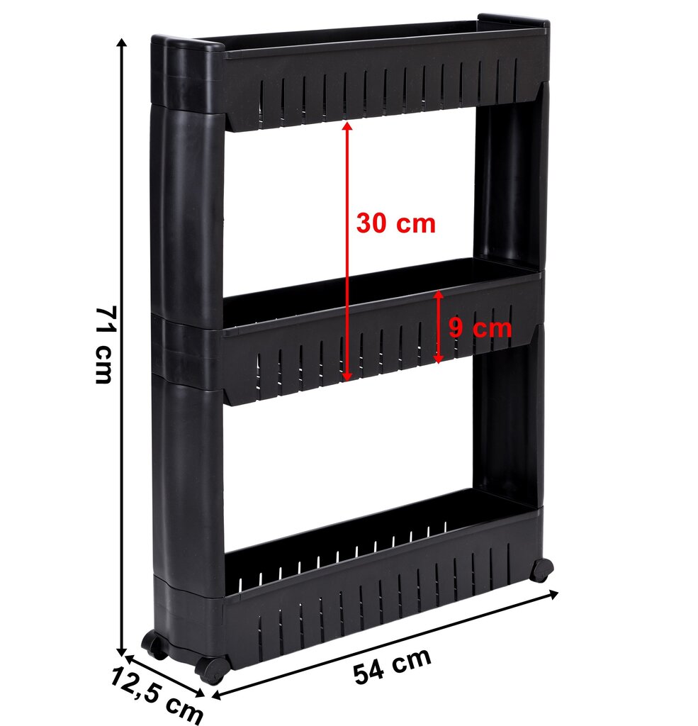 Mobilais skapis uz riteņiem, 3 plaukti, melns cena un informācija | Virtuves piederumi | 220.lv