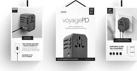 UNIQ Govern. network. Voyage World Adapter 33W + 2xUSB + PD 18W + QC 3.0 gray / charcoal gray (LITHOS Collective) цена и информация | Elektrības slēdži, rozetes | 220.lv