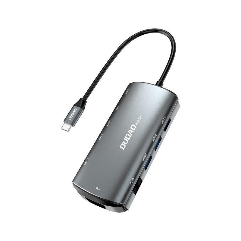 Dudao 11w1 multifunctional HUB USB Typ C - USB Type C PD 60 W / HDMI / 3,5 mm mini jack / 1x USB 2.0 / SD - micro SD card reader / VGA / RJ45 / 3x USB 3.2 Gen 1 grey (A15Pro grey) cena un informācija | Adapteri un USB centrmezgli | 220.lv