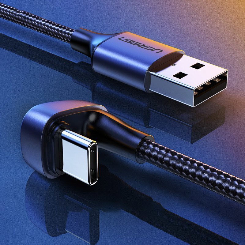 Ugreen Nylon Braided USB - USB Type C angled cable 1 m 3 A for players gamers gray (70313) cena un informācija | Savienotājkabeļi | 220.lv