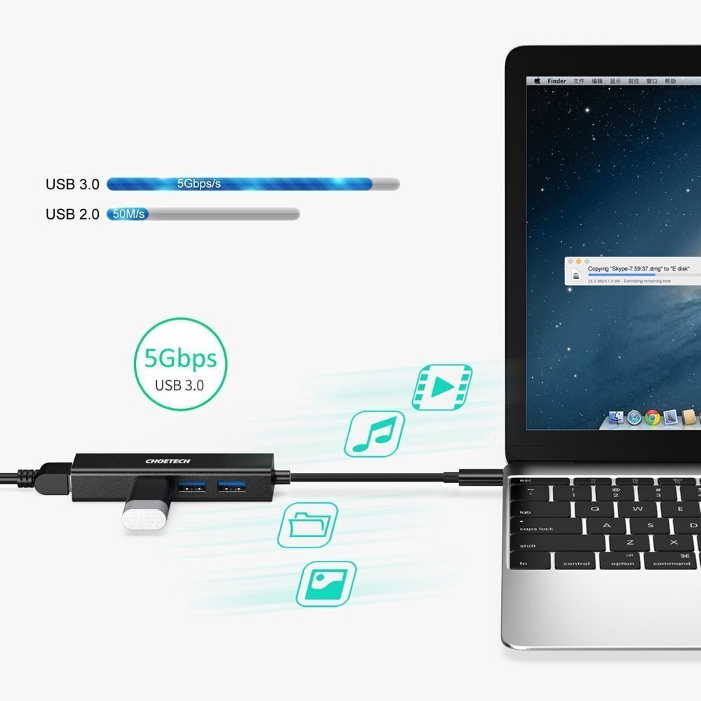 Choetech multifunctional HUB 4w1 USB Type C 3x USB 3.0 / Ethernet RJ-45 gray (HUB-U02BK) цена и информация | Adapteri un USB centrmezgli | 220.lv