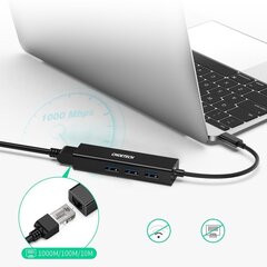 Многофункциональный концентратор Choetech 4w1 USB Type C 3x USB 3.0 / Ethernet RJ-45, серый (HUB-U02BK) цена и информация | Адаптеры и USB разветвители | 220.lv