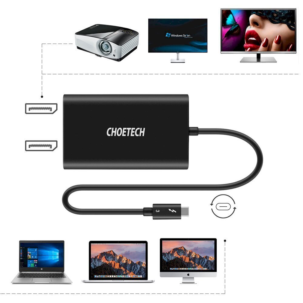Choetech plug adapter USB Type C Thunderbolt 3 (40Gbps) - 2x DisplayPort 4K 60Hz black (HUB-D03) cena un informācija | Adapteri un USB centrmezgli | 220.lv