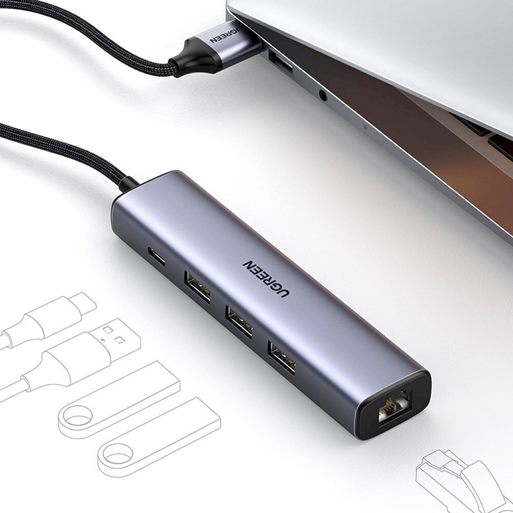 Ugreen multifunctional adapter HUB USB Type C - 3 x USB / Ethernet RJ-45 / USB Type C PD gray (CM475) цена и информация | Adapteri un USB centrmezgli | 220.lv