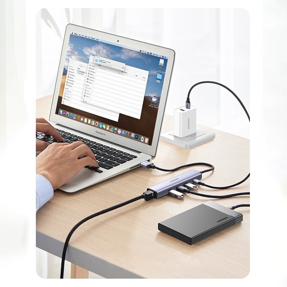Ugreen multifunctional adapter HUB USB Type C - 3 x USB / Ethernet RJ-45 / USB Type C PD gray (CM475) цена и информация | Adapteri un USB centrmezgli | 220.lv