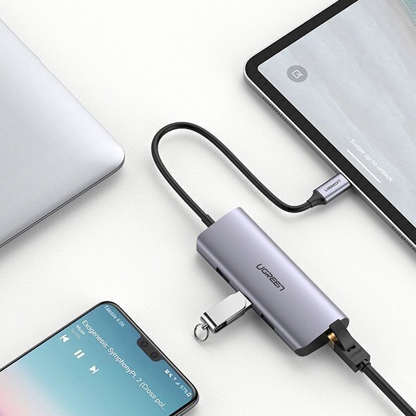 Ugreen multifunctional adapter HUB USB Type C - 3 x USB / Ethernet RJ-45 / micro USB gray (CM252) цена и информация | Adapteri un USB centrmezgli | 220.lv