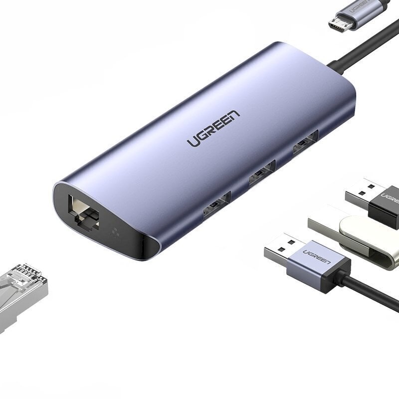 Ugreen multifunctional adapter HUB USB Type C - 3 x USB / Ethernet RJ-45 / micro USB gray (CM252) цена и информация | Adapteri un USB centrmezgli | 220.lv