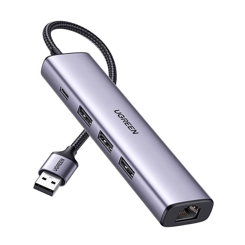 UGREEN 5in1 USB-A to 3x USB 3.0 + RJ45 + USB-C adapter (silver) цена и информация | Adapteri un USB centrmezgli | 220.lv