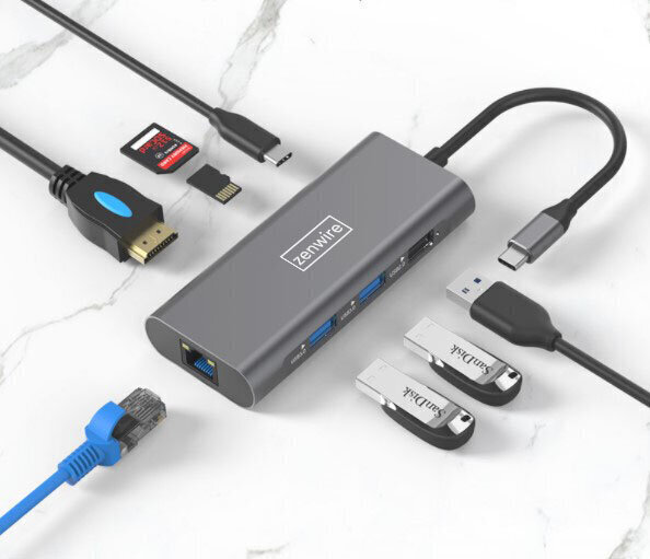 HUB ADAPTERIS USB-C 9W1 HDMI 4K USB 3.0 SD Fast Ethernet RJ45 SD, micro SD, Power Delivery 100W, Macbook Air Pro M1, Samsung DEX cena un informācija | Adapteri un USB centrmezgli | 220.lv