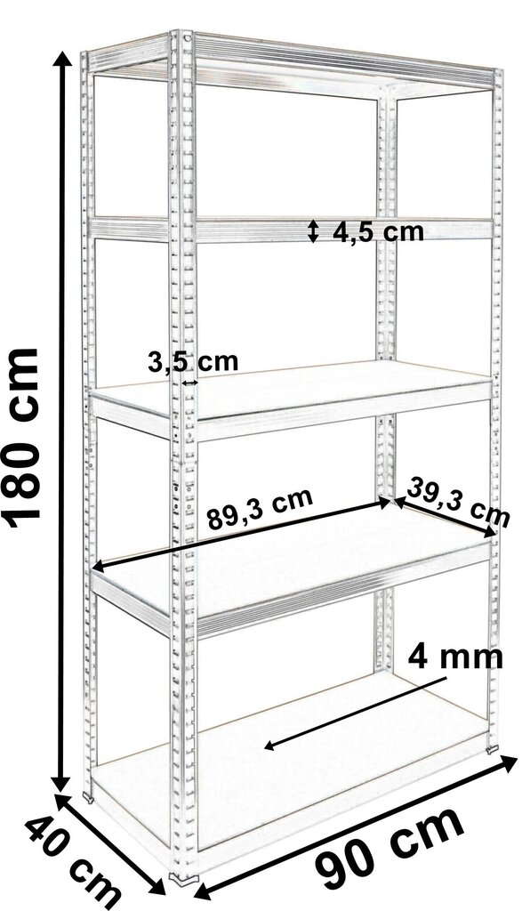 5 līmeņu plaukts 180x90x40 - noturība - 875 kg cena un informācija | Plaukti | 220.lv