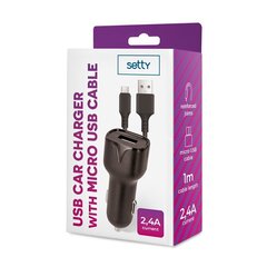 Setty car charger 1x USB 2,4A black + microUSB cable 1,0 m cena un informācija | Lādētāji un adapteri | 220.lv