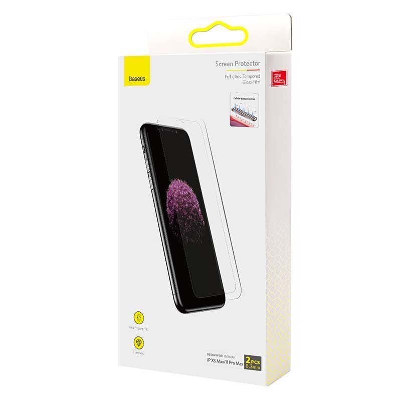 Baseus 0.3mm Full-glass Tempered Glass Film(2pcs pack) for iPhone XS Max/11 Pro Max 6.5inch cena un informācija | Ekrāna aizsargstikli | 220.lv