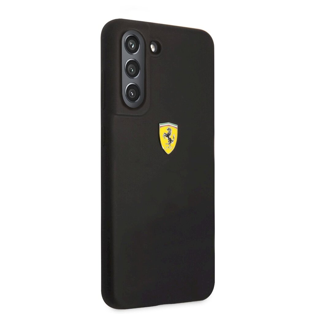 Ferrari Liquid Silicone Metal Logo maciņš, piemērots Samsung Galaxy S21 FE 5G, melns cena un informācija | Telefonu vāciņi, maciņi | 220.lv