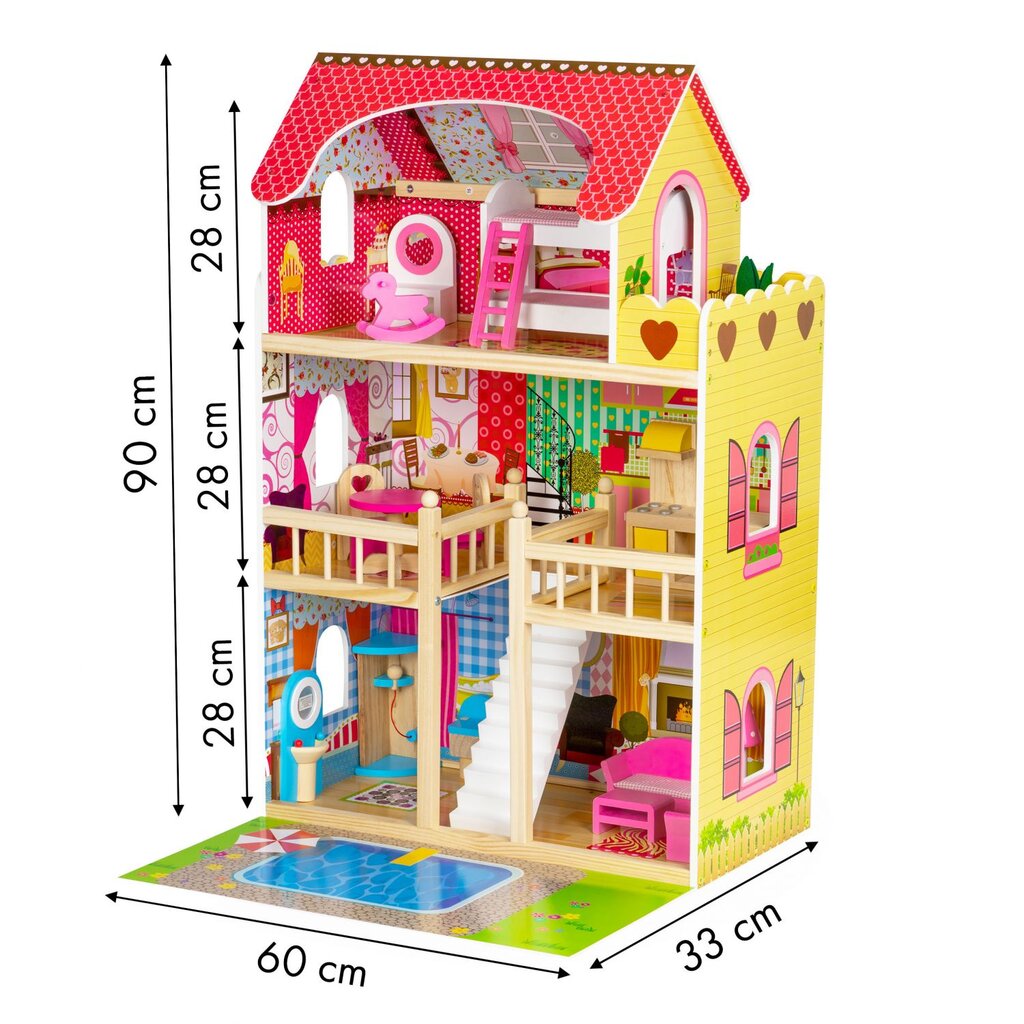 Деревянный кукольный домик Ecotoys с аксессуарами и подсветкой, W06A333E  цена | 220.lv