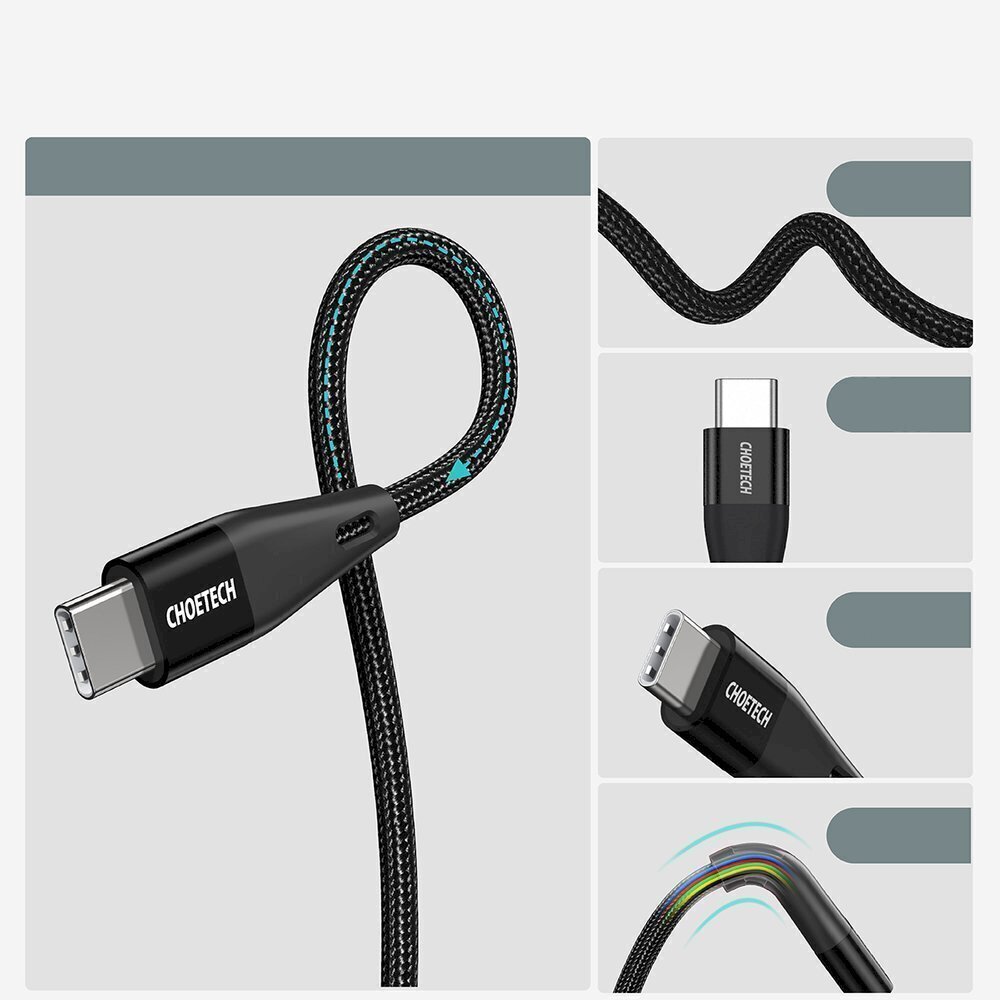 Choetech USB Type C - USB Type C charging data cable Power Delivery 60W 5A 2m black (XCC-1003) cena un informācija | Savienotājkabeļi | 220.lv