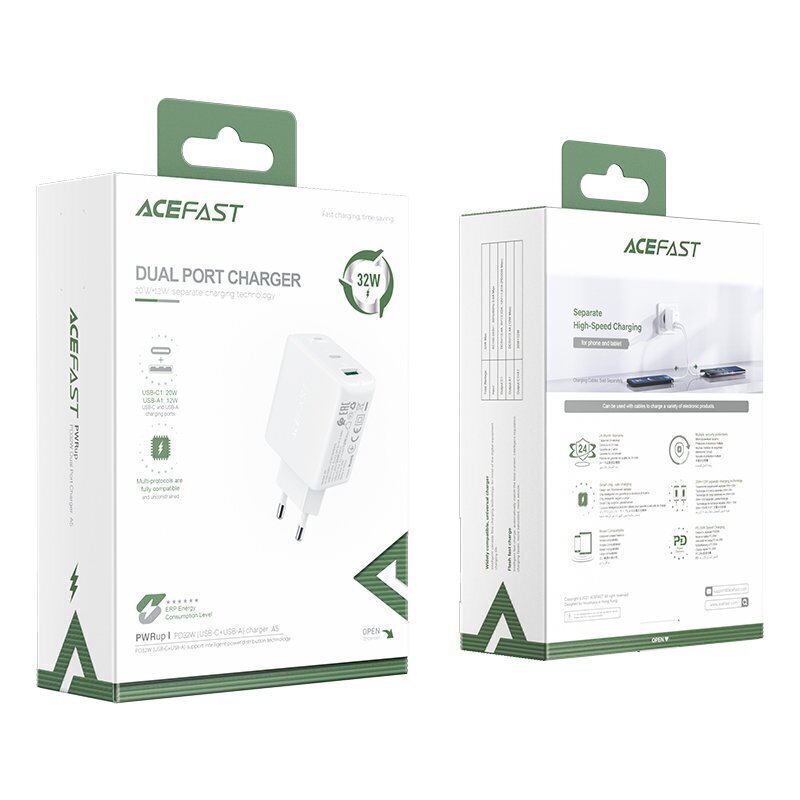 Acefast wall charger USB Type C / USB 32W, PPS, PD, QC 3.0, AFC, FCP white (A5 white) cena un informācija | Lādētāji un adapteri | 220.lv