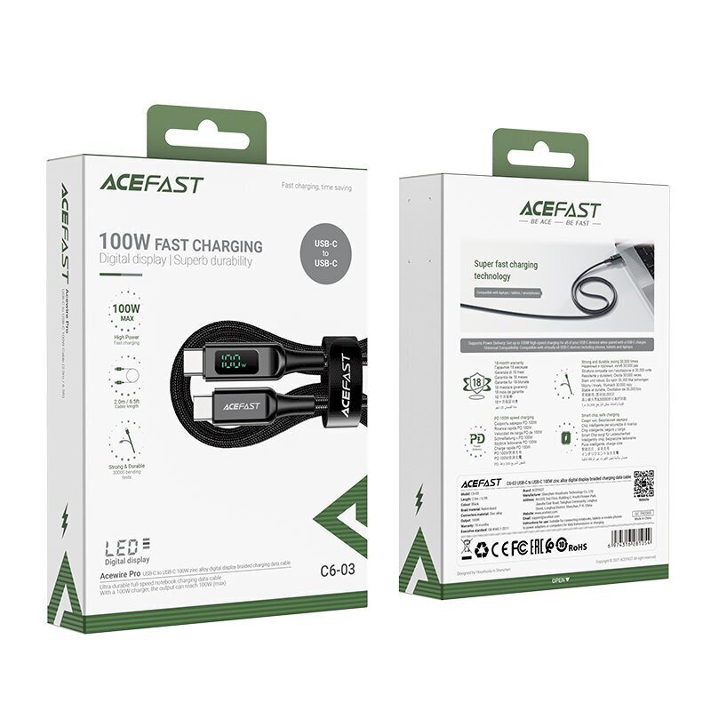 Acefast cable USB Type C - USB Type C 2m, 100W (20V / 5A) black (C6-03 Black) cena un informācija | Savienotājkabeļi | 220.lv