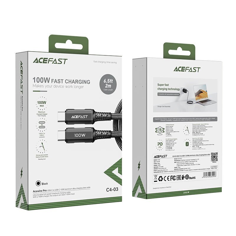 Acefast cable USB Type C - USB Type C 2m, 100W (20V / 5A) black (C4-03 Black) cena un informācija | Savienotājkabeļi | 220.lv