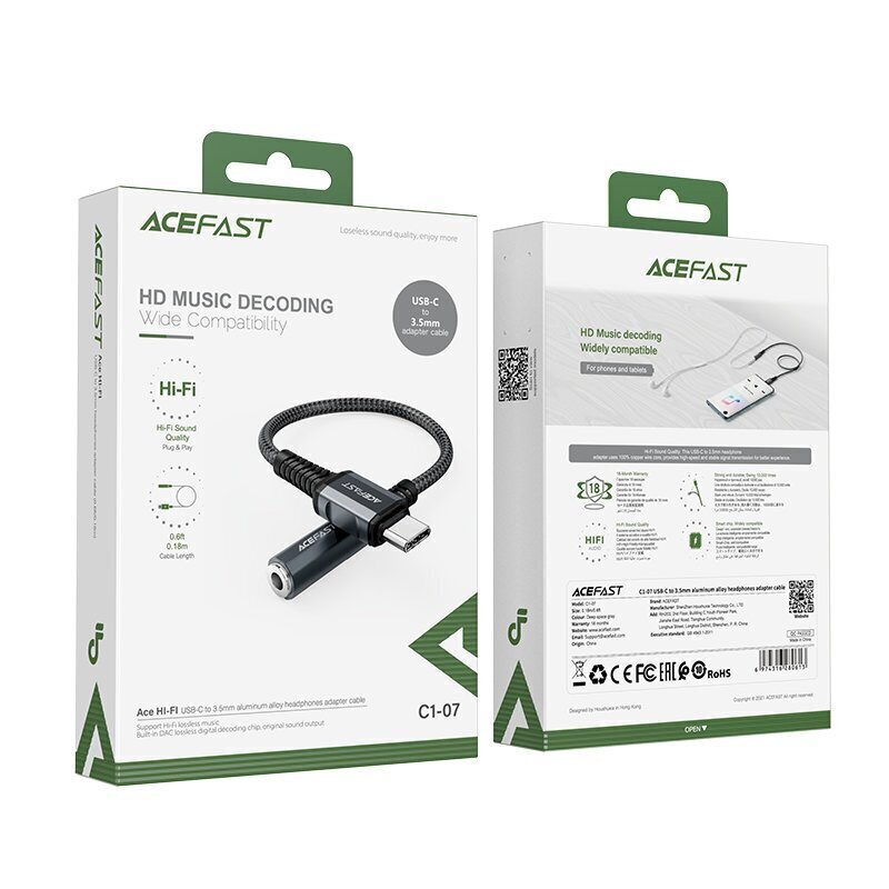 Acefast USB Type C audio cable - 3.5mm mini jack (female) 18cm, AUX gray (C1-07 deep space gray) cena un informācija | Savienotājkabeļi | 220.lv