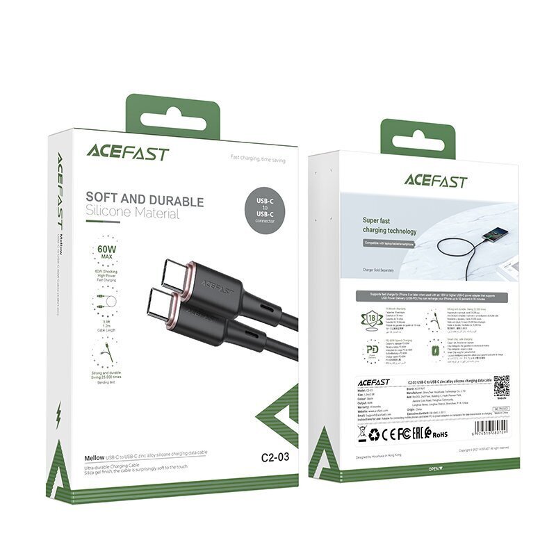 Acefast cable USB Type C - USB Type C 1.2m, 60W (20V / 3A) black (C2-03 black) cena un informācija | Savienotājkabeļi | 220.lv