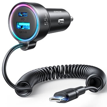 Joyroom fast car charger 3 in 1 with USB Type C cable 1.5m 55W black (JR-CL07) цена и информация | Зарядные устройства для телефонов | 220.lv