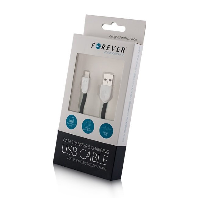 Forever Plakans Silikona USB Datu un uzlādes Kabelis uz Lightning iPhone 5 5S 6 Melns (MD818 Analogs) cena un informācija | Savienotājkabeļi | 220.lv