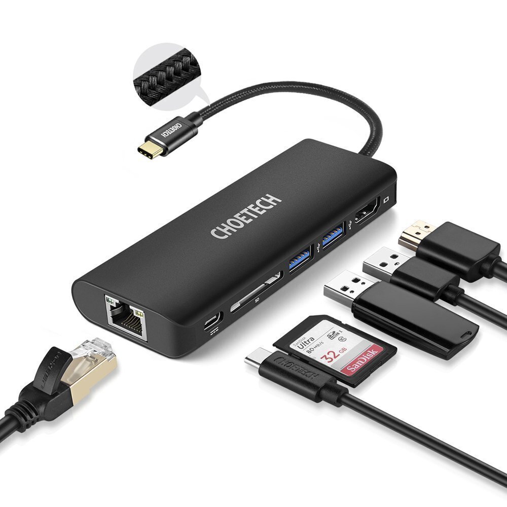 Choetech docking station adapter hub USB Typ C 6in1 100W PD black (HUB-M05) cena un informācija | Savienotājkabeļi | 220.lv