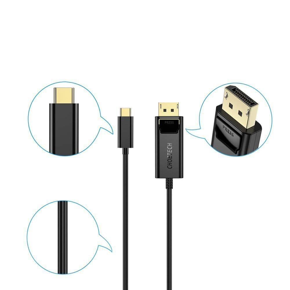 Choetech unidirectional USB Type C monitor video cable - Display Port 4K 1,8m black (XCP-1801BK) cena un informācija | Savienotājkabeļi | 220.lv