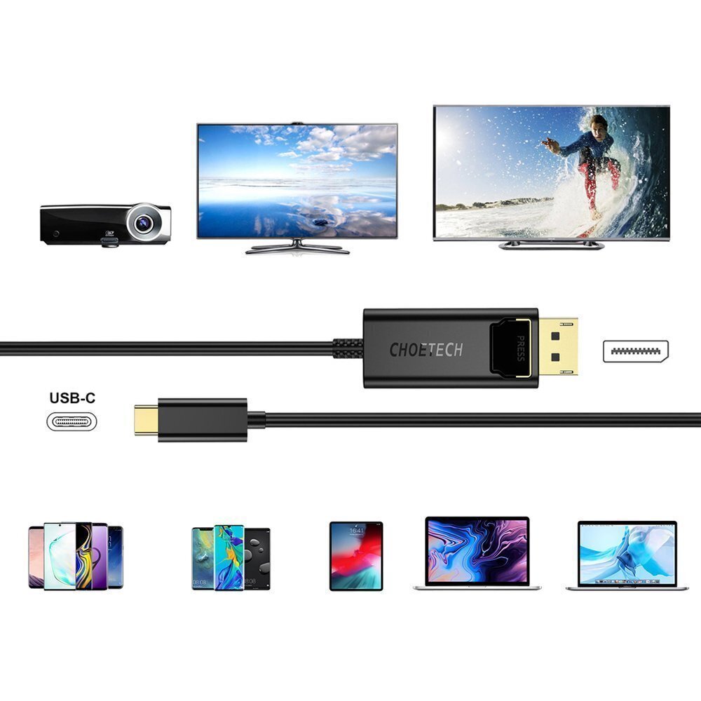 Choetech unidirectional USB Type C monitor video cable - Display Port 4K 1,8m black (XCP-1801BK) cena un informācija | Savienotājkabeļi | 220.lv