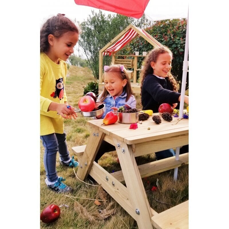 Koka piknika galds ar saulessargu cena un informācija | Bērnu krēsliņi un bērnu galdiņi | 220.lv