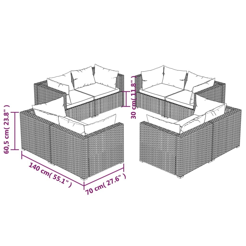 vidaXL 8-daļīgs dārza atpūtas mēbeļu komplekts, pelēka PE rotangpalma cena un informācija | Dārza mēbeļu komplekti | 220.lv