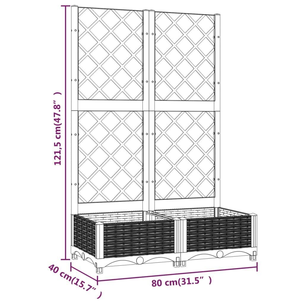 vidaXL dārza puķu kaste ar špaleru, melna, 80x40x121,5 cm, PP cena un informācija | Podi stādiem un pārstādīšanai | 220.lv